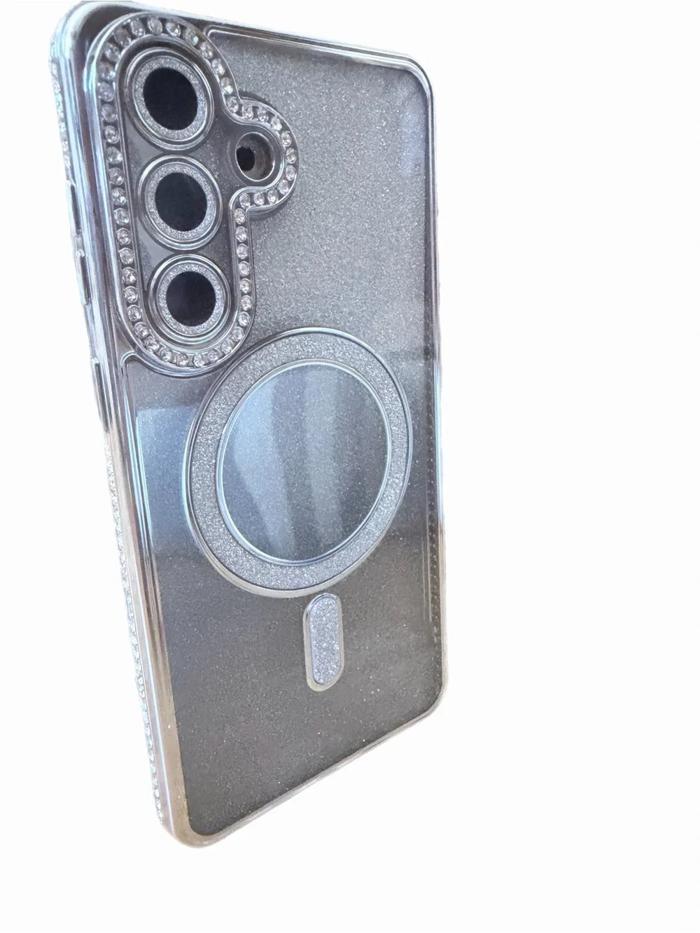 Silver Glitter Magnetic Ring Phone Case Samsung S26 plus Camera Rhinestones.
